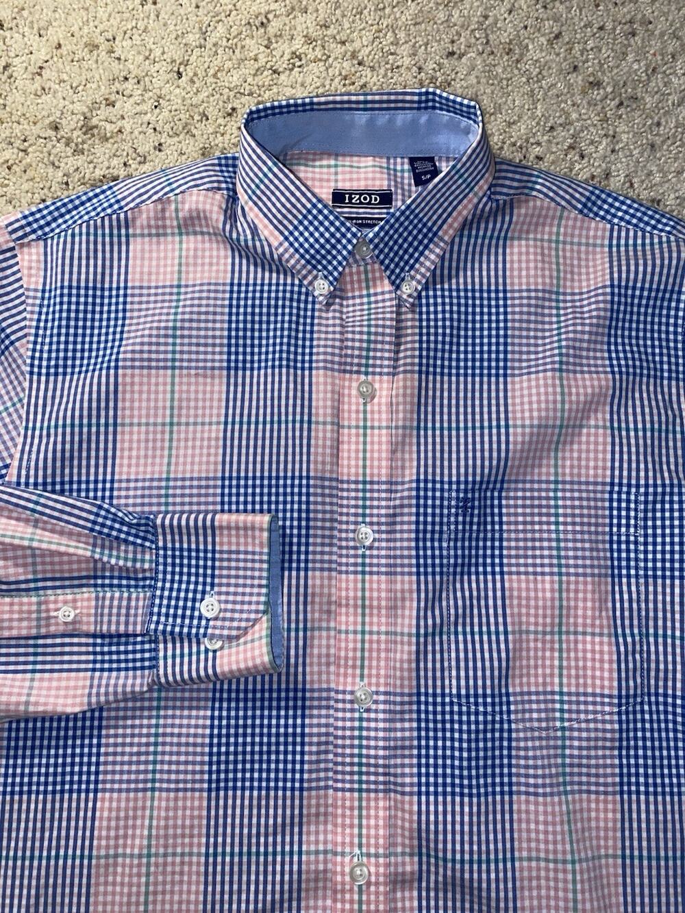 Izod Non Iron Stretch Mens Small Beach Pink Blue Button Up Down Dress Work Shirt